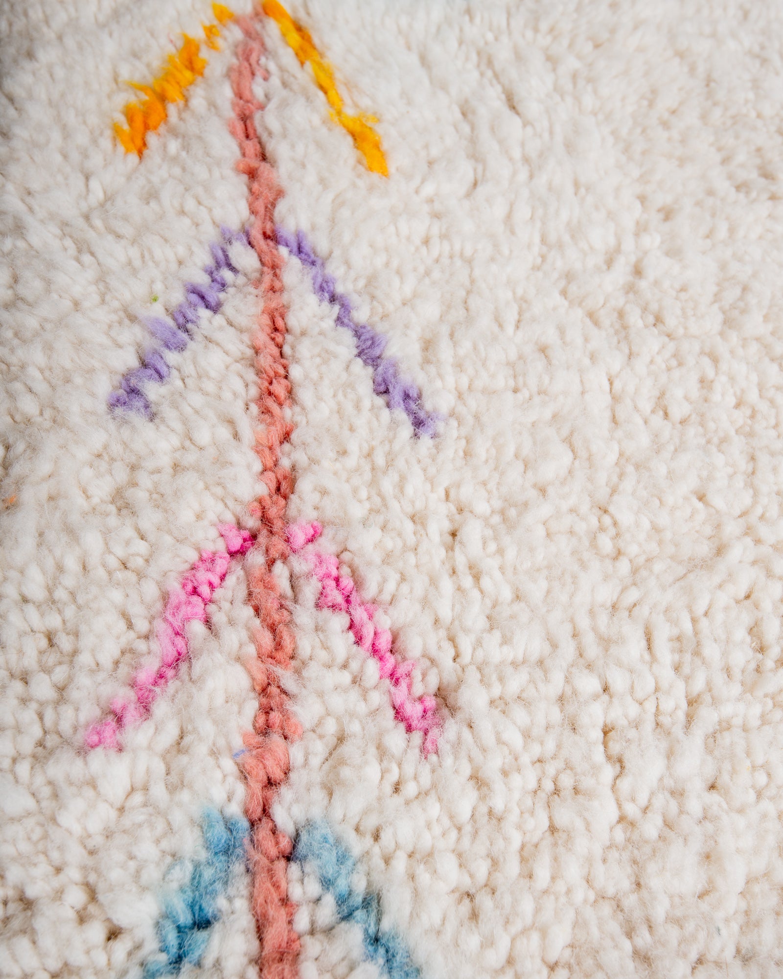 Modern, designer, handcrafted Berber rug from Morocco. Beniourain carpet with beautiful colours and patterns and fluffy wool texture.